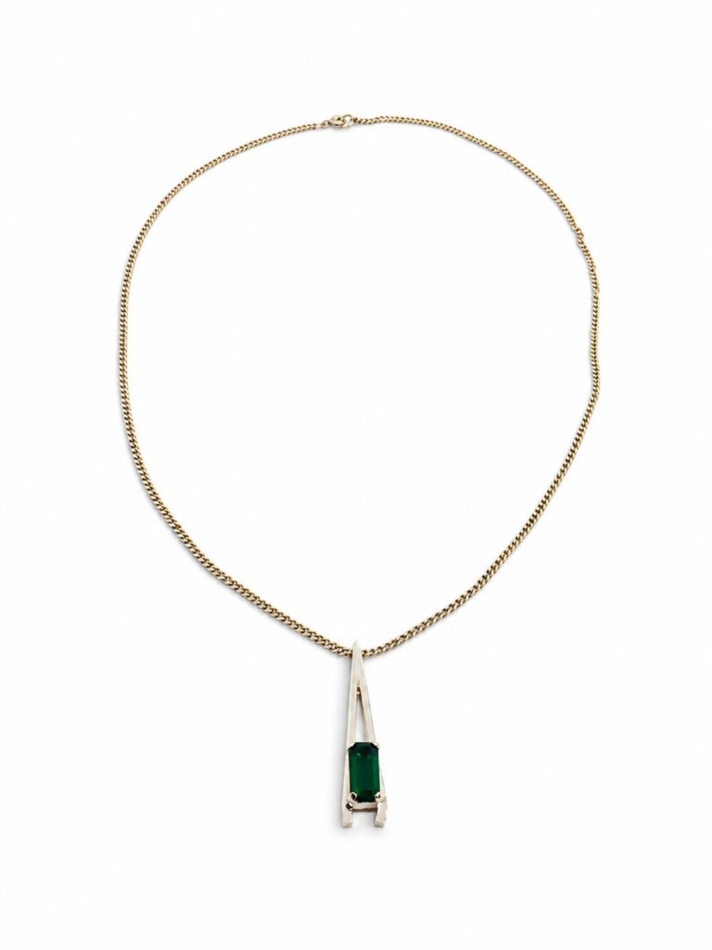 VINTAGE AVON NECKLACE Emerald Green Rhinestone Silver Tone Modernist Pendant